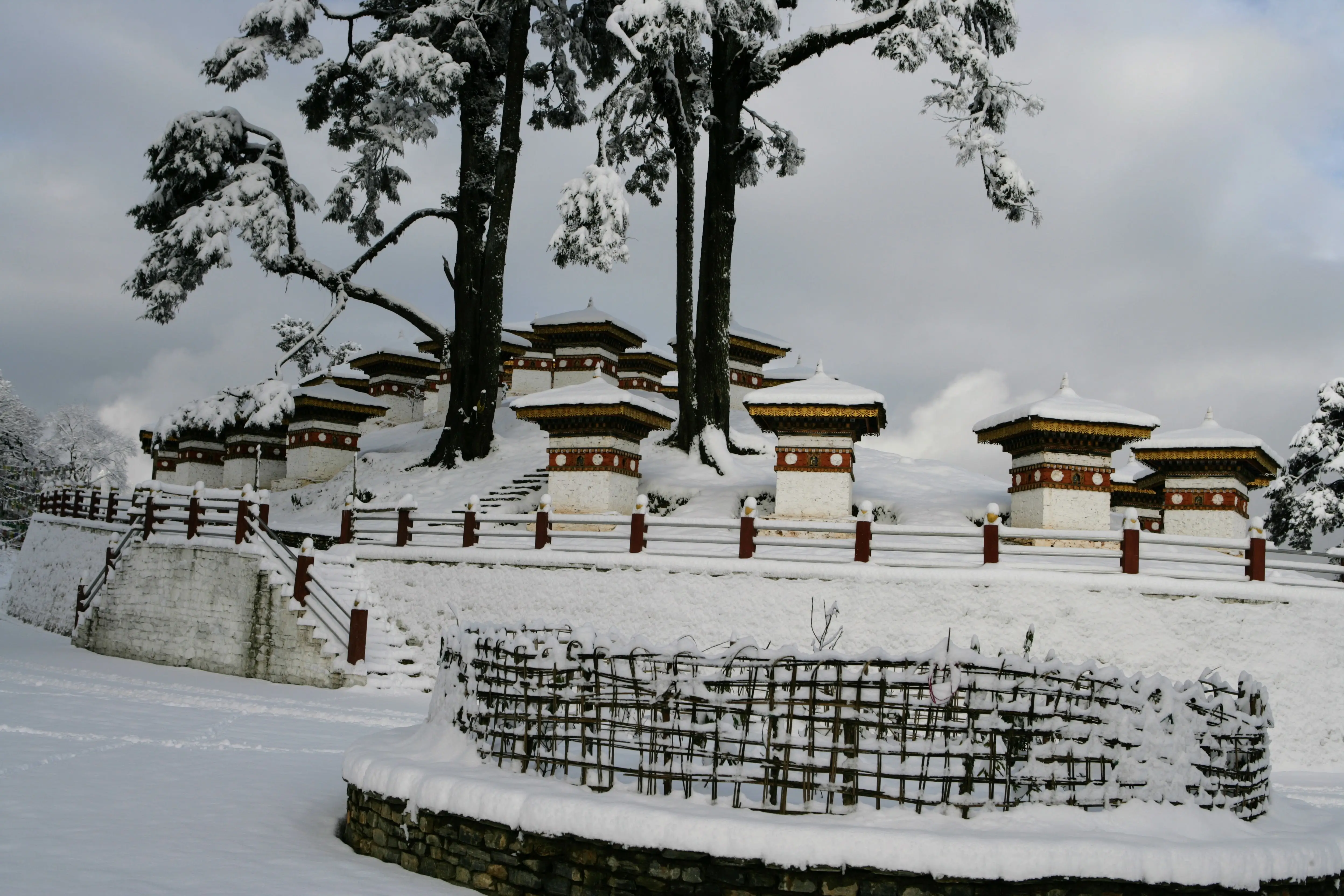 The Druk Wangyal chortens at Dochula pass under deep fresh snow