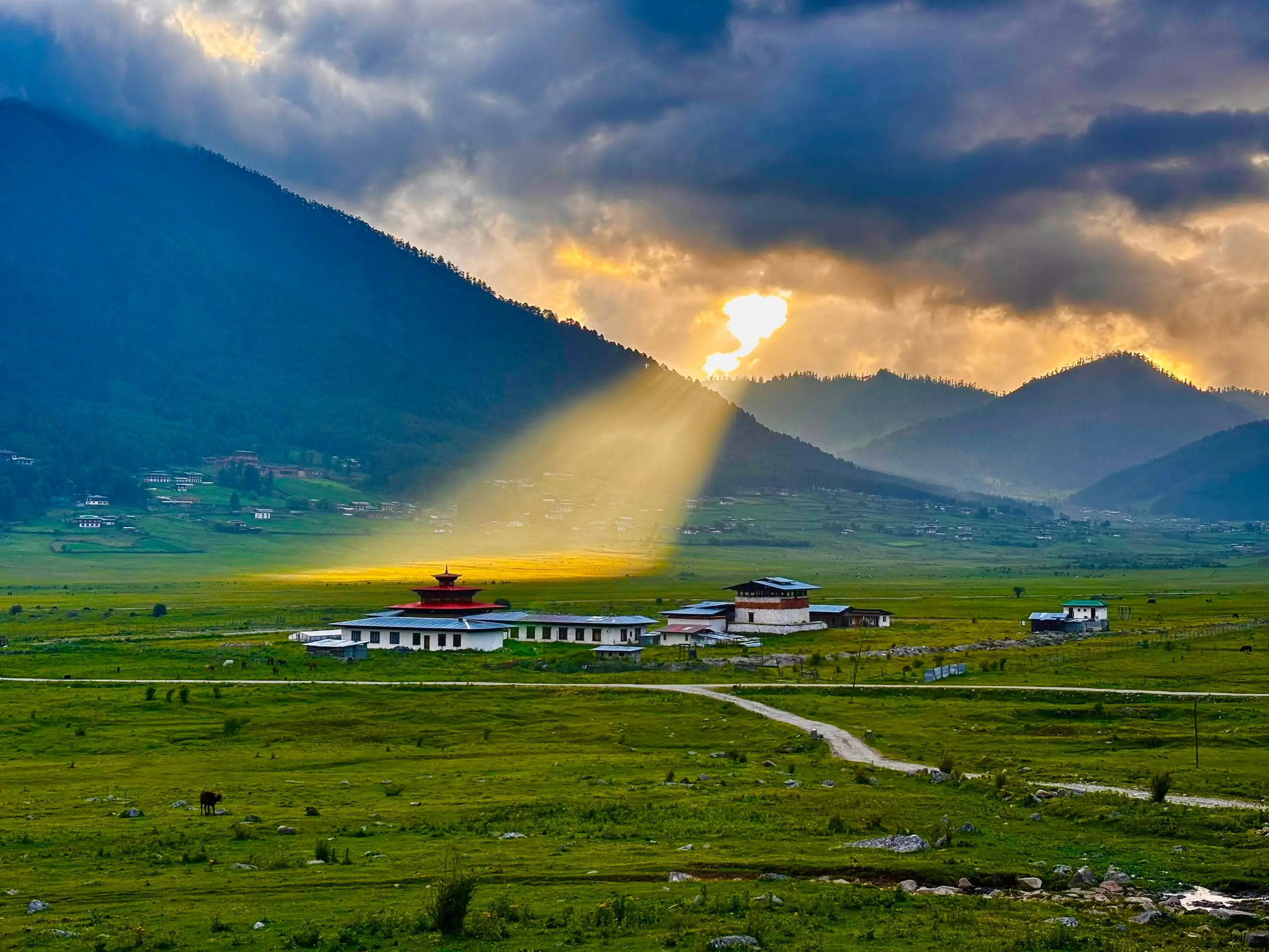 Evening sunbeams breaking through monsoon cloud over the green Phobjikha valley