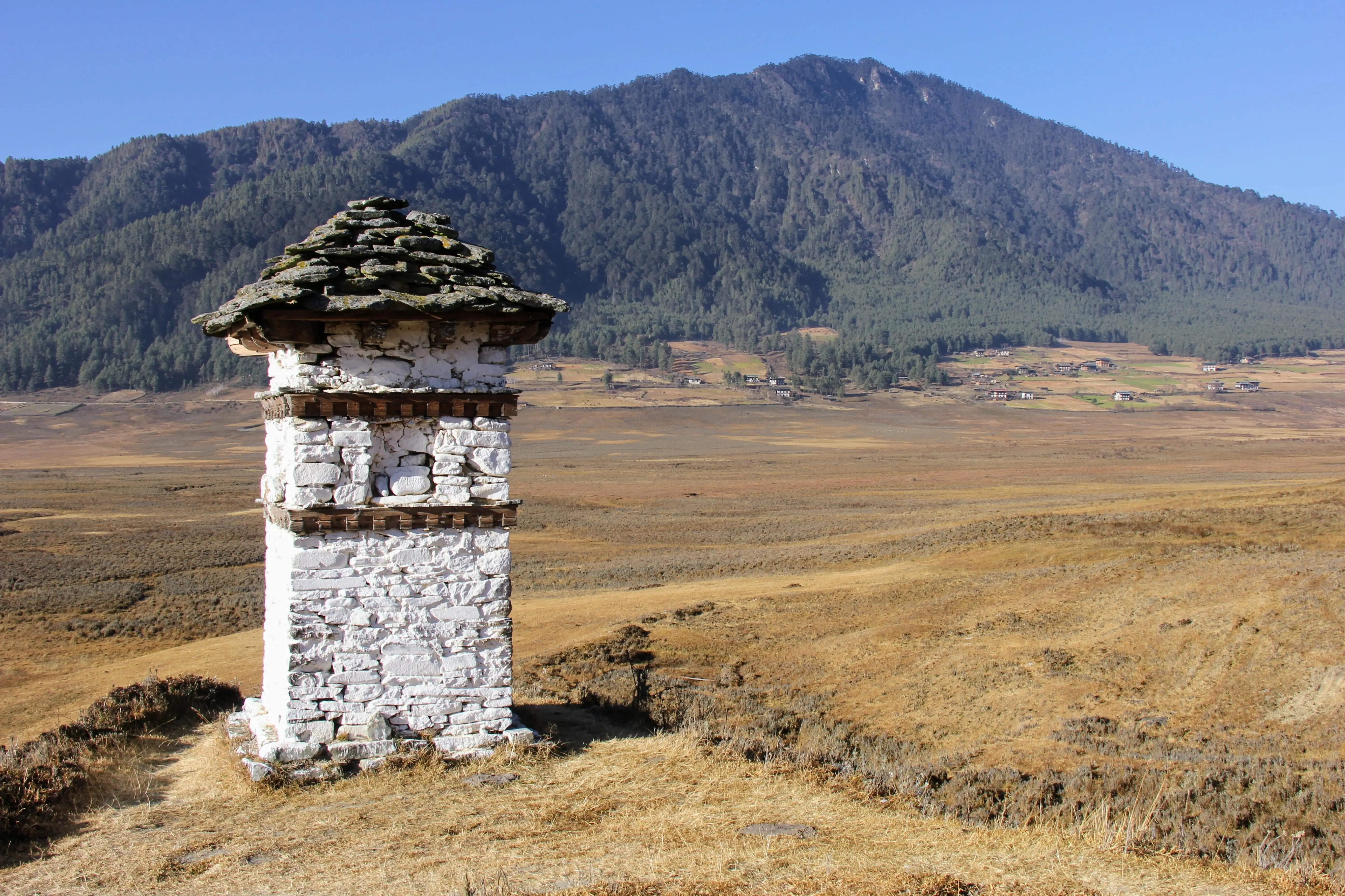 A stone chorten above the wide, frost-browned Phobjikha valley under clear winter sun